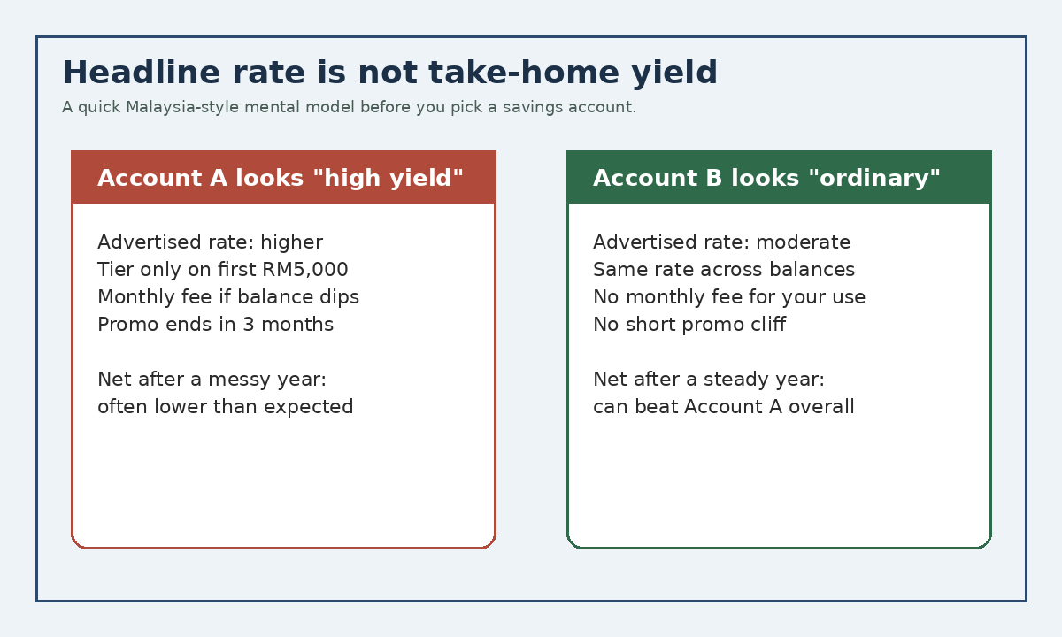 Side-by-side educational diagram comparing a high headline savings rate with fees against a moderate rate with cleaner terms
