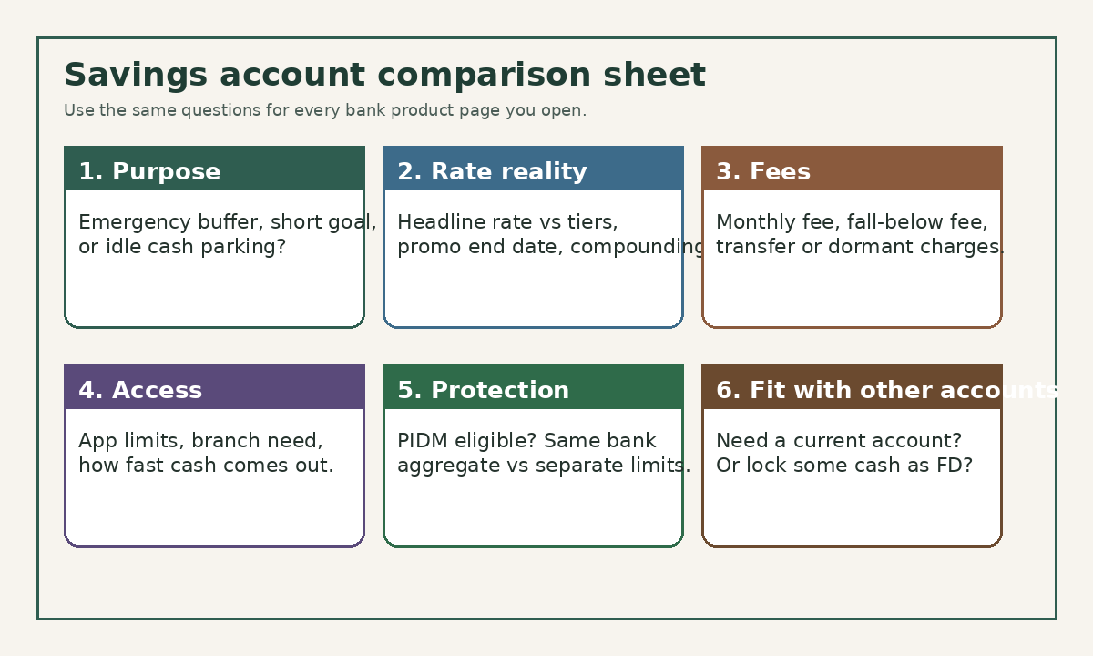 Educational six-box checklist for comparing Malaysia savings accounts covering purpose, rate reality, fees, access, PIDM protection, and fit with other accounts